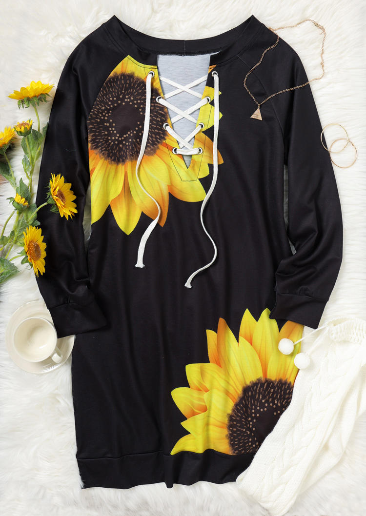 Mini Dresses Sunflower Lace Up Mini Sweatshirt Dress in Black. Size: L,M,S,XL
