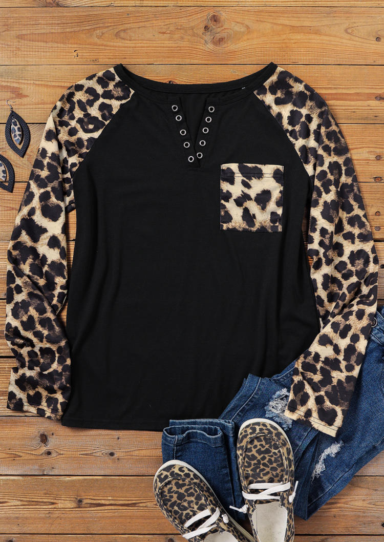 Leopard Pocket Notched Neck Raglan Sleeve Blouse - Black