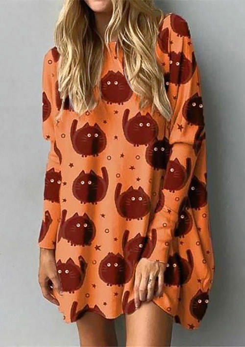 

Mini Dresses Halloween Cartoon Cat O-Neck Mini Dress in Orange. Size: ,M,L,XL