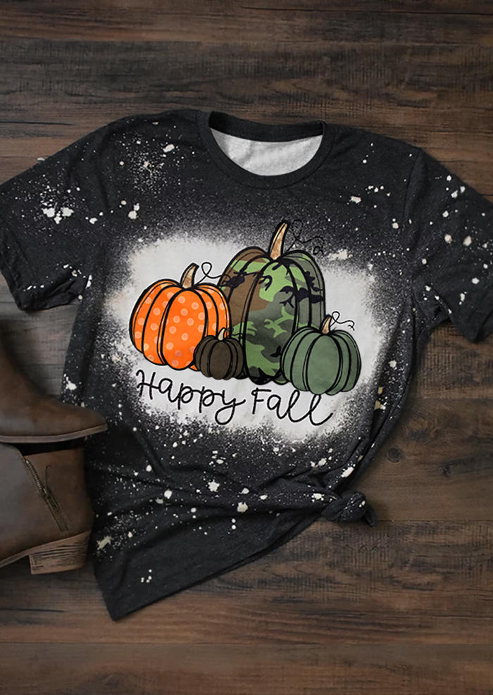 

T-shirts Tees Happy Fall Polka Dot Camouflage Pumpkin Bleached T-Shirt Tee in Black. Size: ,M,L,XL