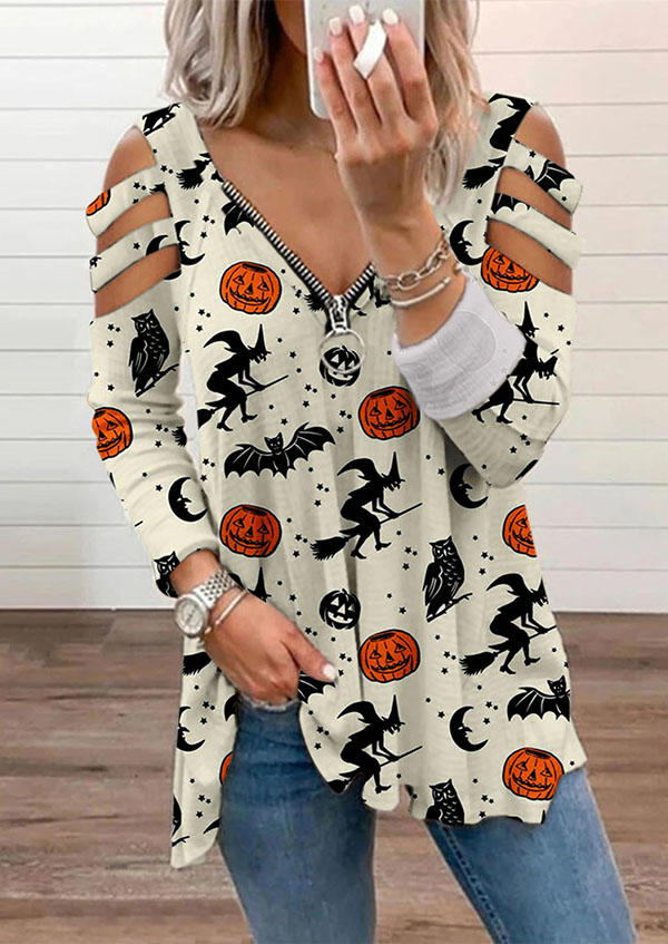 

Blouses Halloween Pumpkin Face Witch Blouse in Beige. Size