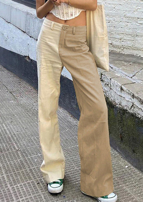 

Pants Color Block Button High Waist Denim Jeans in Khaki. Size: ,M,L