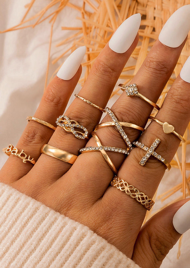 

Rings 10Pcs Baby Infinite Heart Cross Rhinestone Ring Set in Gold. Size