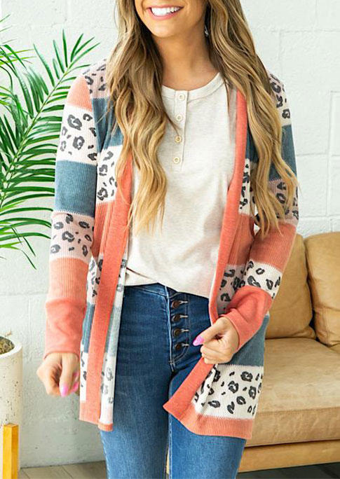 Cardigans Leopard Color Block Long Sleeve Casual Cardigan in Multicolor. Size: L