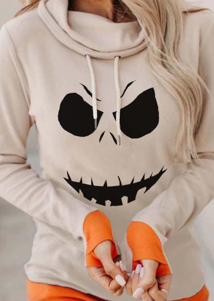 

Hoodies Pumpkin Face Thumbhole Hoodie - Beige in Apricot. Size