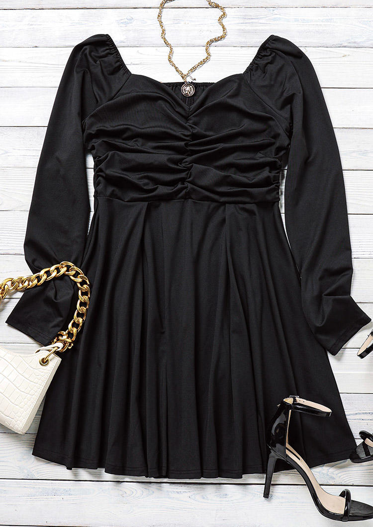 Ruffled Long Sleeve Mini Dress - Black