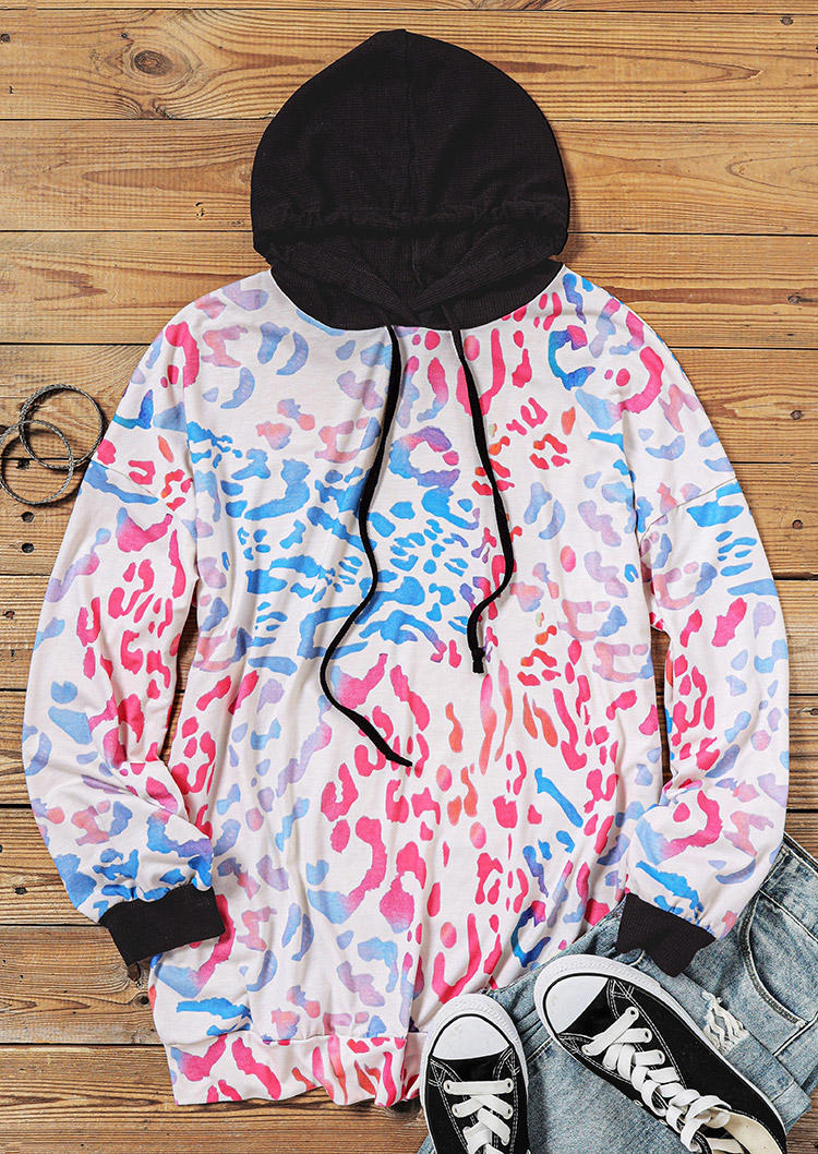 Hoodies Colorful Leopard Drawstring Splicing Hoodie in Multicolor. Size: L,M,S,XL