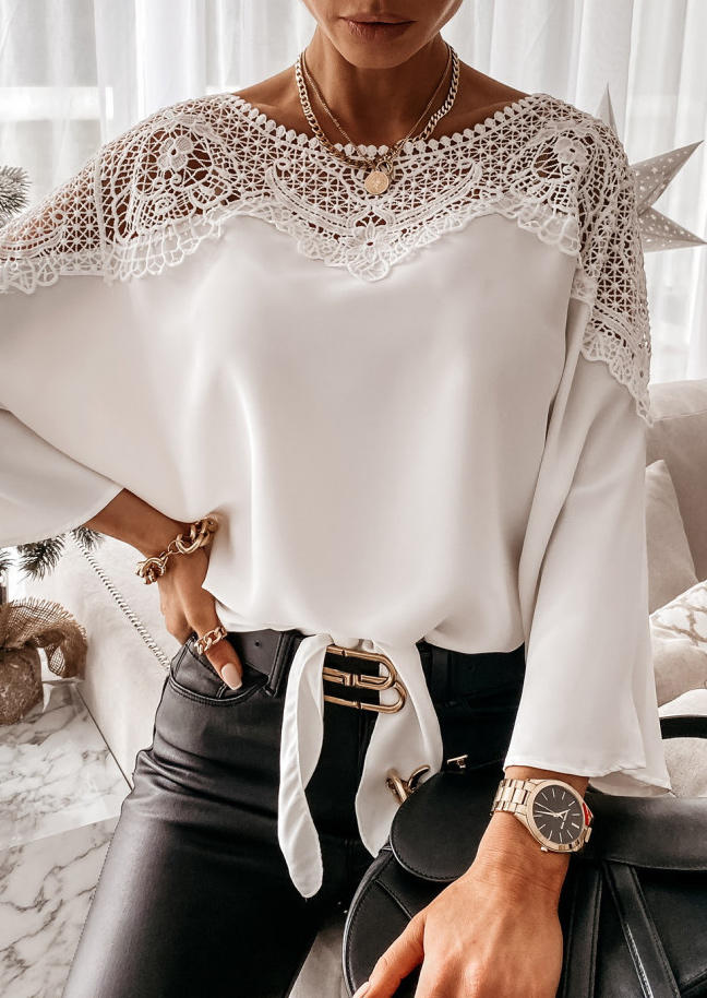 

Blouses Lace Flare Sleeve Tie Blouse in White. Size