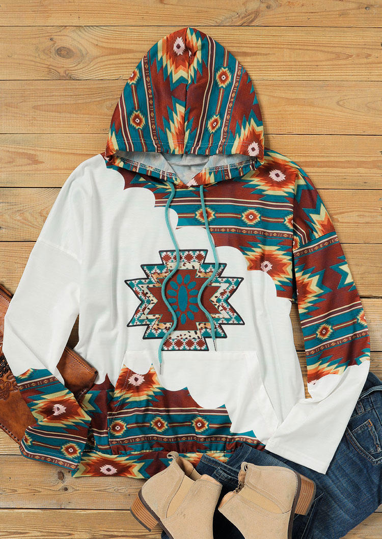Hoodies Aztec Geometric Kangaroo Pocket Drawstring Hoodie in Multicolor. Size: S,M,L