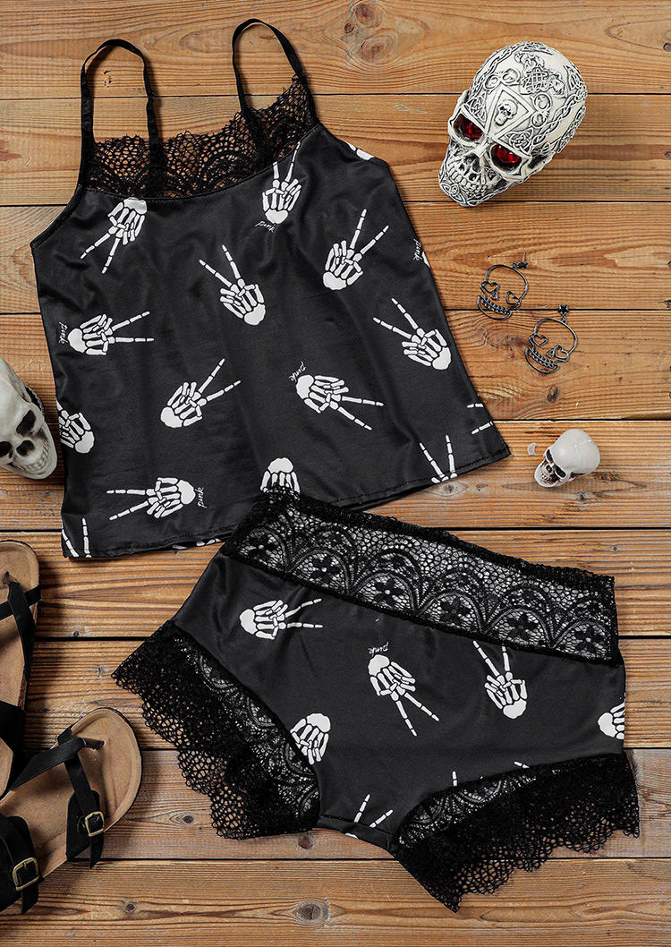 

Sleepwear Skeleton Hand Lace Splicing Camisole And Shorts Pajamas Set in Black. Size