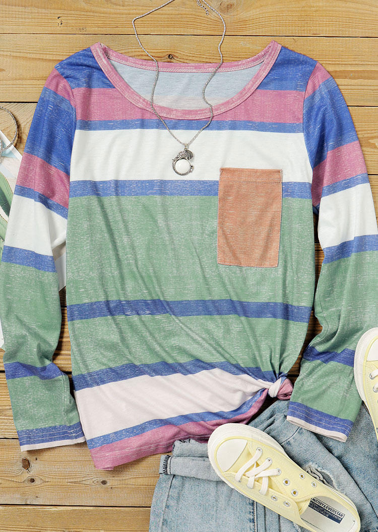 Blouses Colorful Striped Pocket Long Sleeve Blouse in Multicolor. Size: L,M,S,XL