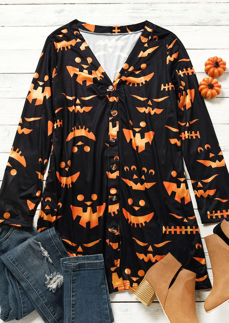 

Cardigans Halloween Pumpkin Face Button Cardigan in Black. Size