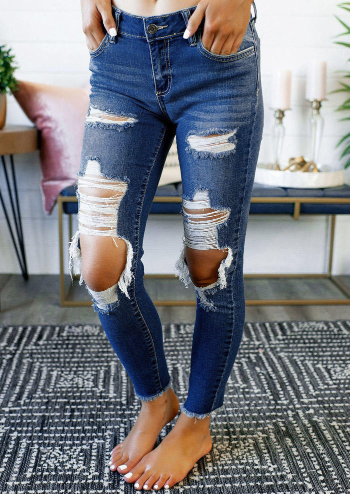 

Pants Pocket Ripped Hole Frayed Hem Denim Jeans in Deep Blue. Size
