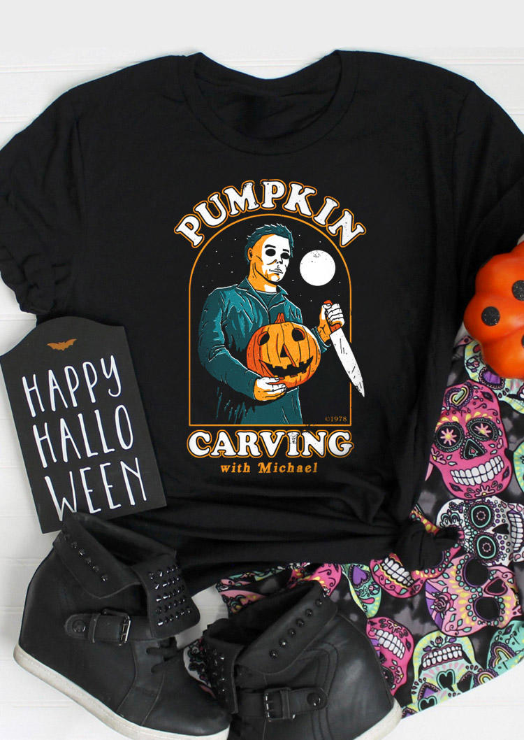 

T-shirts Tees Halloween Pumpkin Carving With Michael T-Shirt Tee in Black. Size