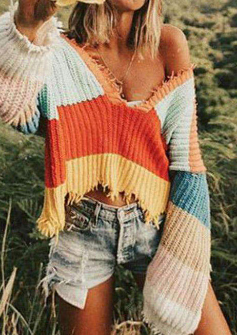 

Sweaters Rainbow Striped Frayed Hem Pullover Sweater in Multicolor. Size: ,M,L,XL