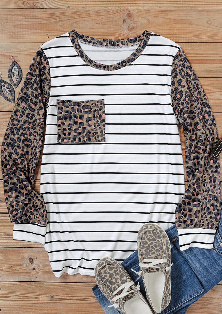 Blouses Leopard Striped Splicing Pocket Long Sleeve Blouse in Multicolor. Size: L,M,S,XL