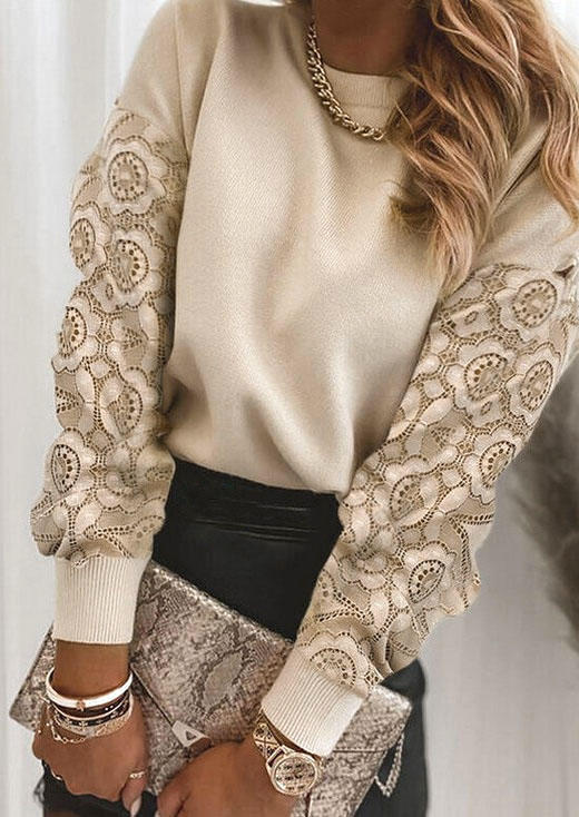 

Blouses Lace Splicing Long Sleeve Blouse in Light Khaki. Size: ,M,L,XL