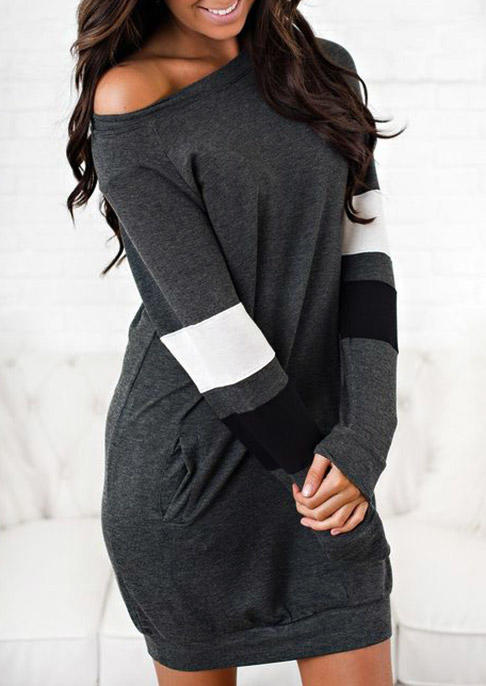 Color Block Long�0�2Sleeve O-Neck Mini Dress - Dark Grey