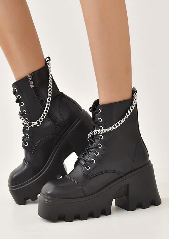 

Boots Chain Lace Up Chunky Heel Ankle Boots in Black. Size: ,38,39,40,41
