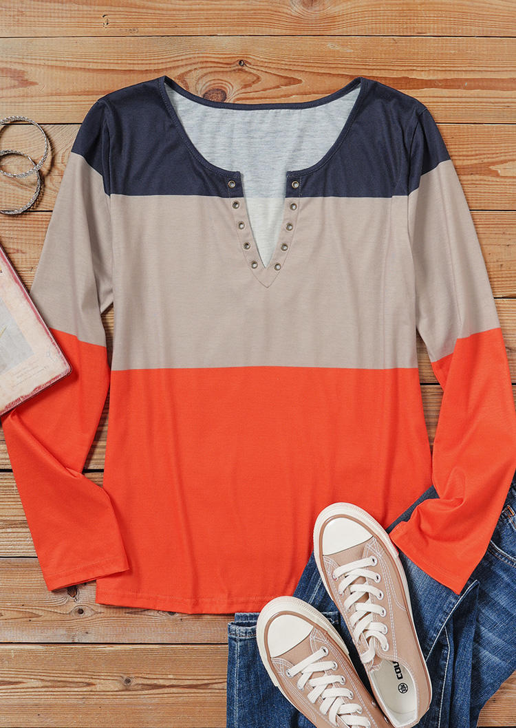 Blouses Color Block Notched Neck Casual Blouse without Black Camisole in Multicolor. Size: L,M,S,XL