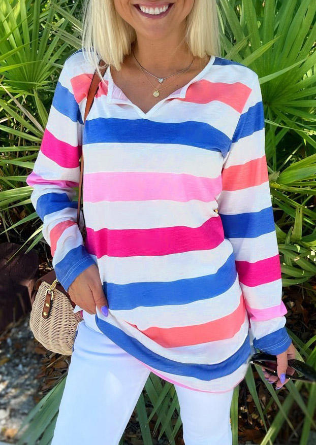 Blouses Striped Color Block Long Sleeve Blouse in Multicolor. Size: S,M,L,XL