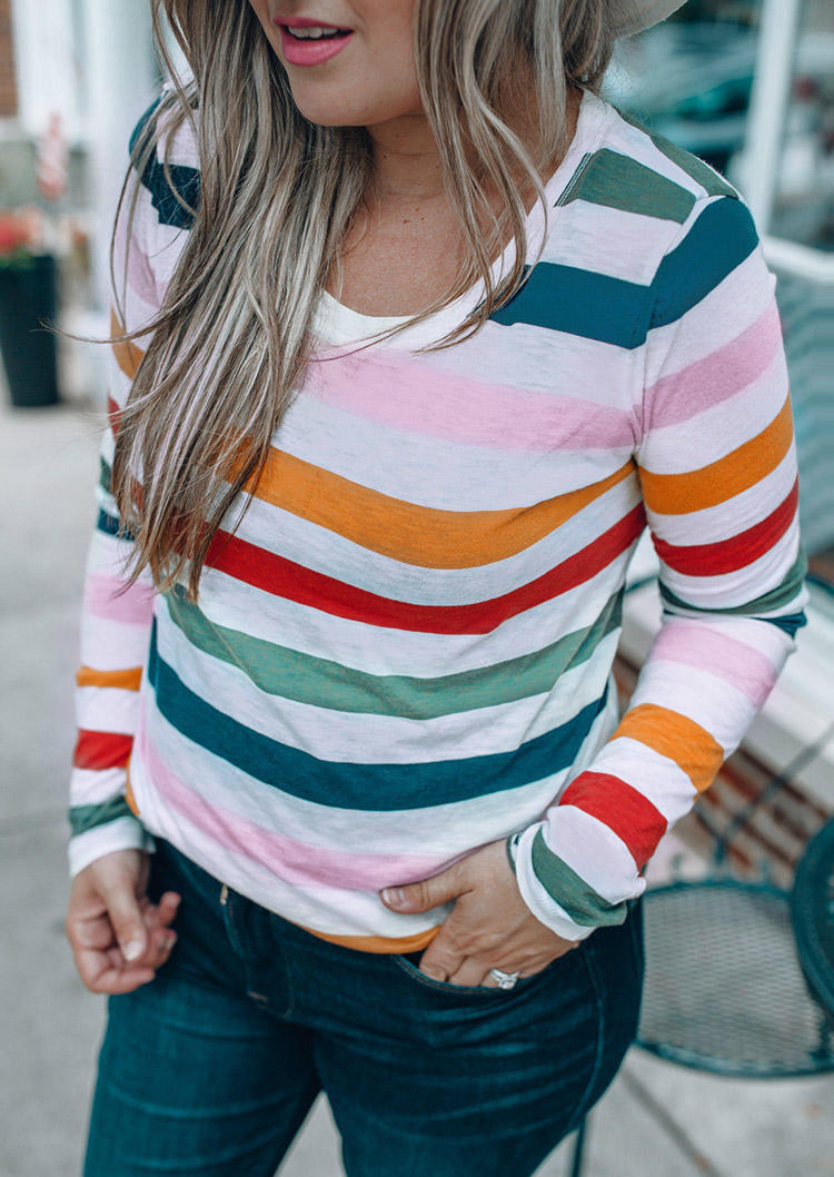 Blouses Colorful Striped O-Neck Long Sleeve Blouse in Multicolor. Size: L,M,S,XL