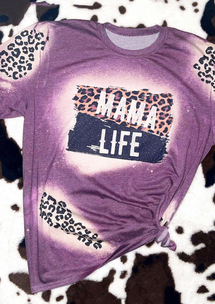 T-shirts Tees Mama Life Leopard Bleached Long Sleeve T-Shirt Tee in Purple. Size: S,M