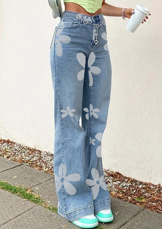 

Pants Floral Button Pocket Denim Pants without Heart Belt in Blue. Size: ,M,L,XL