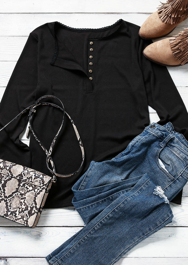 Lace Splicing Button Long Sleeve Blouse - Black