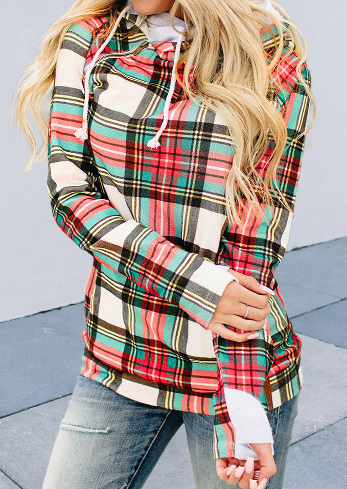 

Hoodies Colorful Plaid Drawstring Long Sleeve Hoodie in Plaid. Size