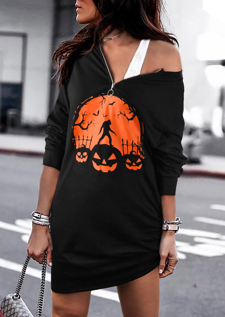 Pumpkin Face Bat Mini Dress - Black