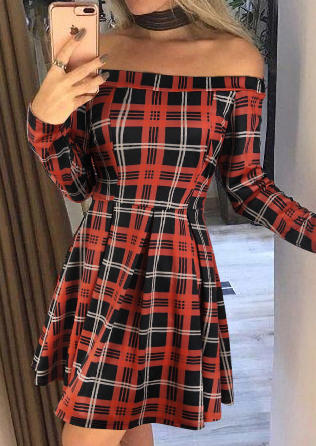 Plaid Ruffled Off�0�2Shoulder Long Sleeve Mini Dress