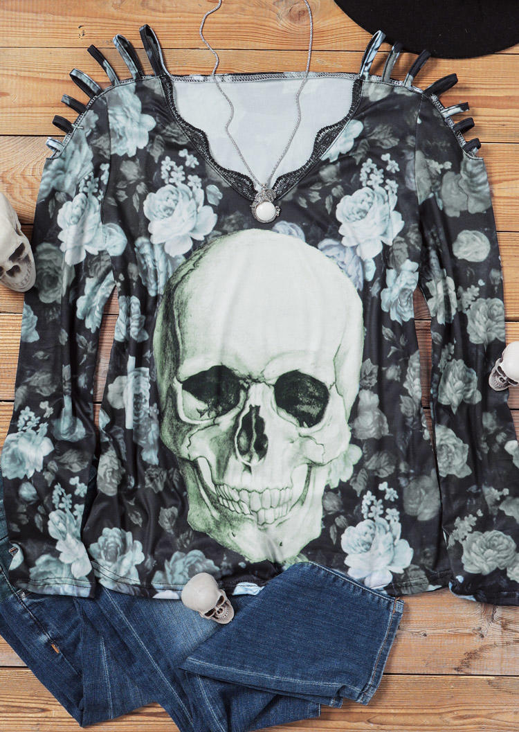 

Blouses Lace Skull Floral Cold Shoulder V-Neck Blouse in Multicolor. Size