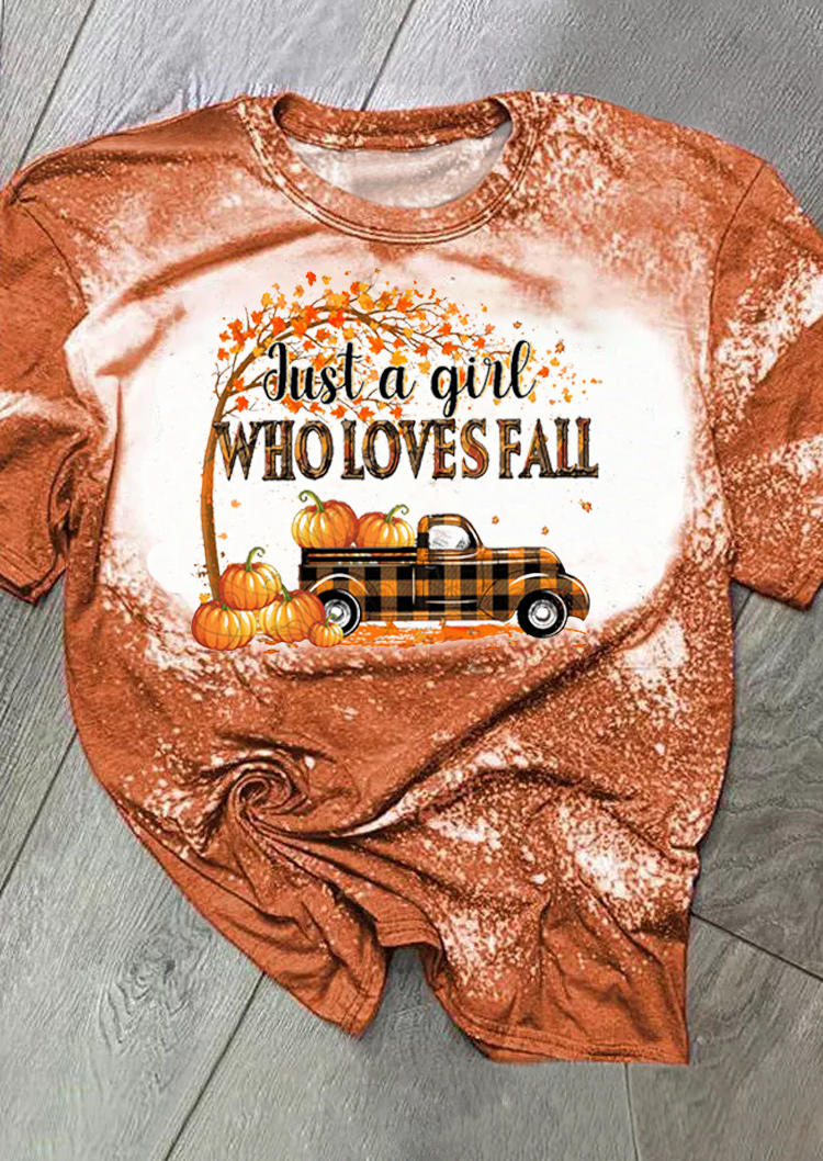 T-shirts Tees Just A Girl Who Loves Fall Pumpkin Plaid Bleached T-Shirt Tee in Orange. Size: L,M,S