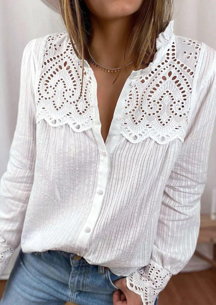 

Shirts Hollow Out Ruffled Button Long Sleeve Shirt in White. Size