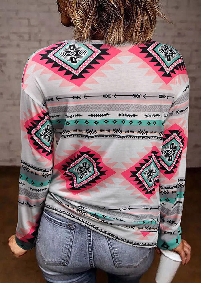 

Blouses Aztec Geometric Long Sleeve O-Neck Blouse in Multicolor. Size
