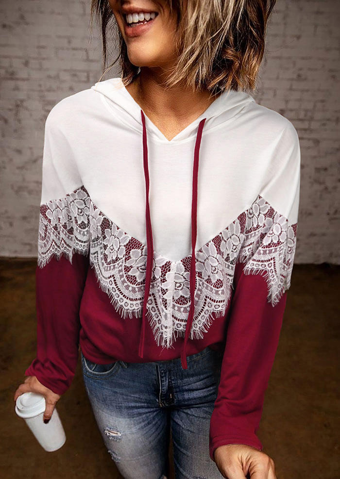 

Hoodies Lace Splicing Color Block Drawstring Hoodie in Burgundy. Size: ,M,L,XL