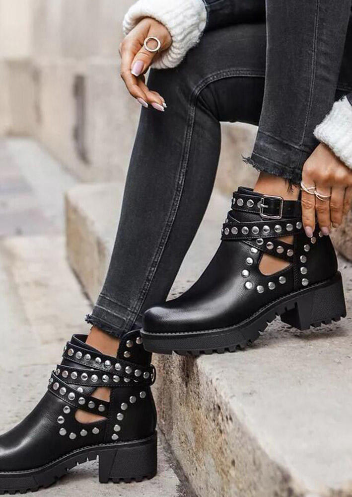 

Boots Rivet Hollow Out Buckle Strap Round Ankle Boots in Black. Size: ,38,39,40,41