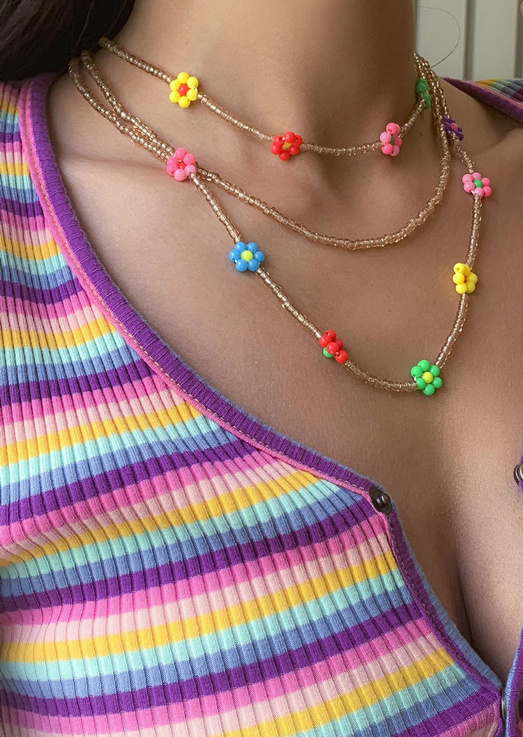 

Necklaces 3Pcs Bohemian Colorful Floral Beading Necklace Set in Multicolor. Size