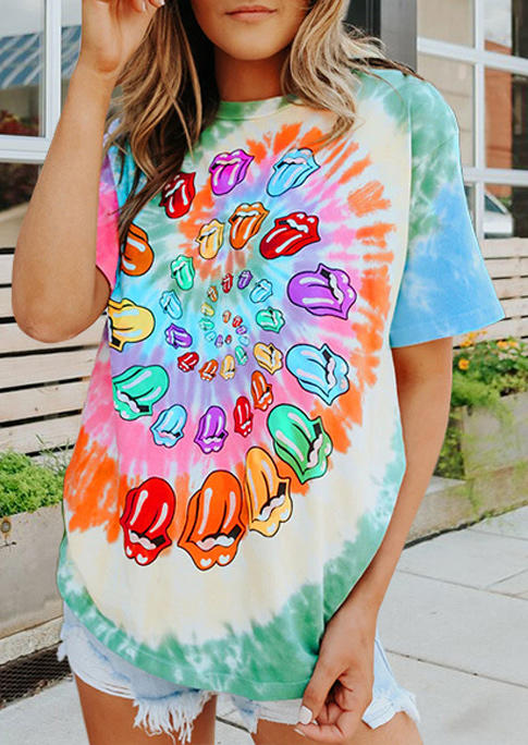 

T-shirts Tees Lips Tie Dye O-Neck T-Shirt Tee in Multicolor. Size: ,M,L,XL
