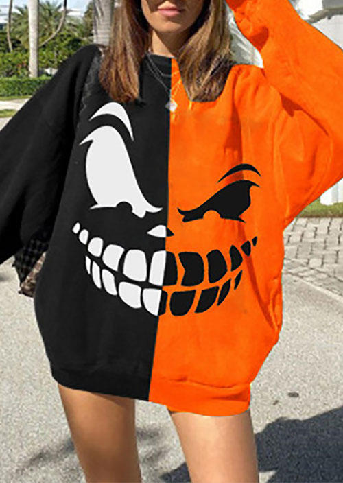 Halloween Color Block Pullover Sweatshirt - Orange