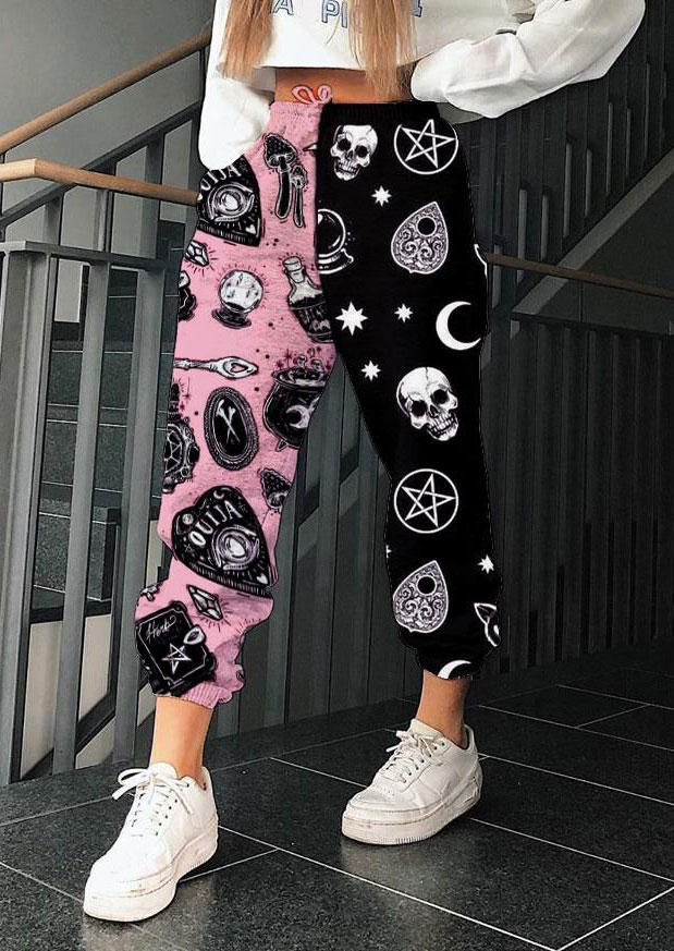 

Pants Halloween Skull Star Moon Color Block Sweatpants in Black. Size