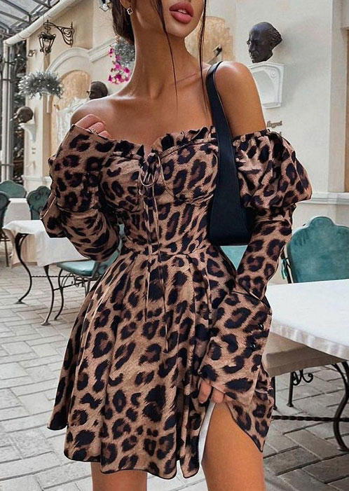 

Mini Dresses Leopard Ruffled Open Back Off Shoulder Mini Dress in Leopard. Size