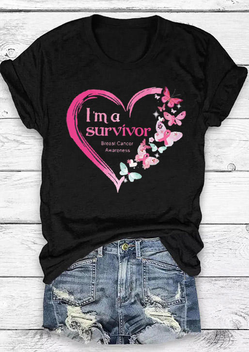 

T-shirts Tees I'm A Survivor Breast Cancer Awareness Butterfly T-Shirt Tee in Black. Size: ,M,L,XL