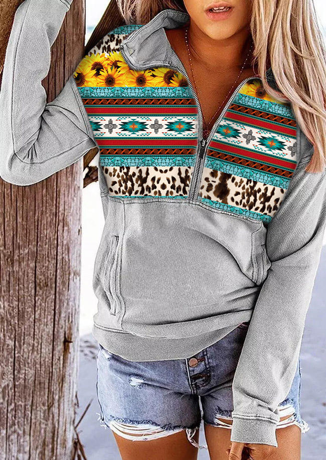

Sweatshirts Cow Sunflower Pocket Zipper Collar Pullover Sweatshirt in Multicolor. Size: ,M,L