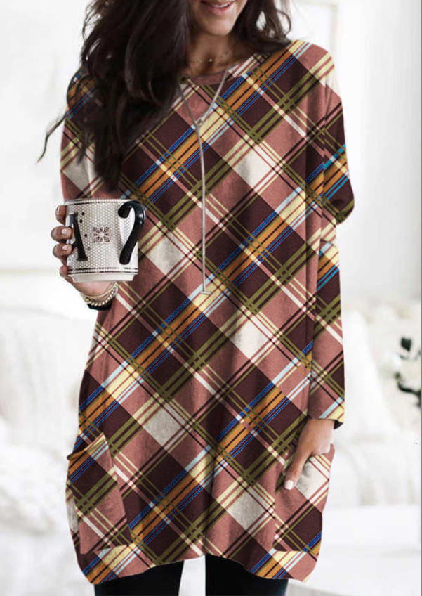 Plaid Pocket Long Sleeve Mini Dress