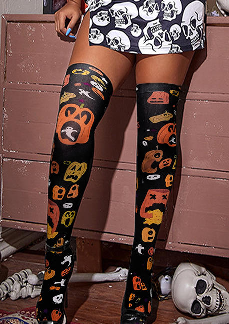 

Knee-High Socks Halloween Ghost Pumpkin Over Knee Socks in Black. Size