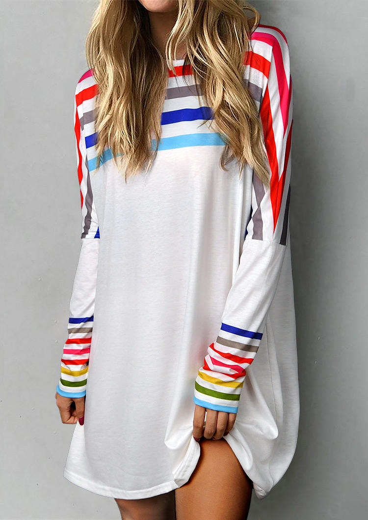 Colorful Striped Long Sleeve Mini Dress - White