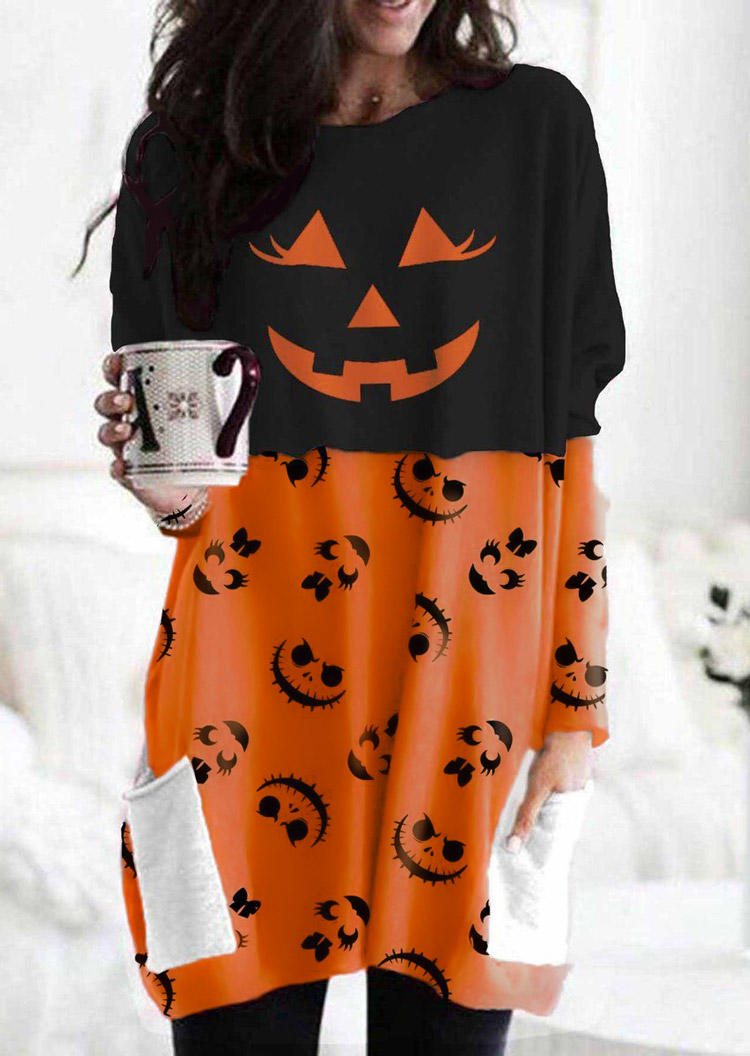

Mini Dresses Halloween Color Block Pumpkin Face Pocket Mini Dress in Multicolor. Size: ,M,L,XL