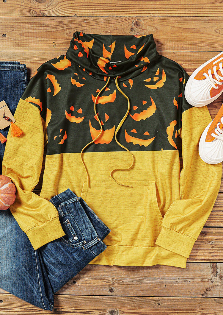 Halloween Pumpkin Face Color Block Cowl Neck Sweatshirt
